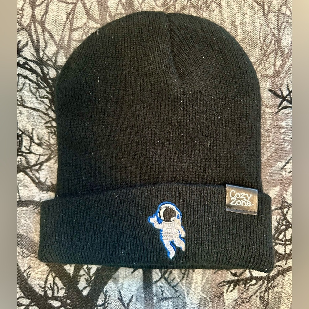 Black Beanie with a Cute Little Embroidered Astronaut Design OS